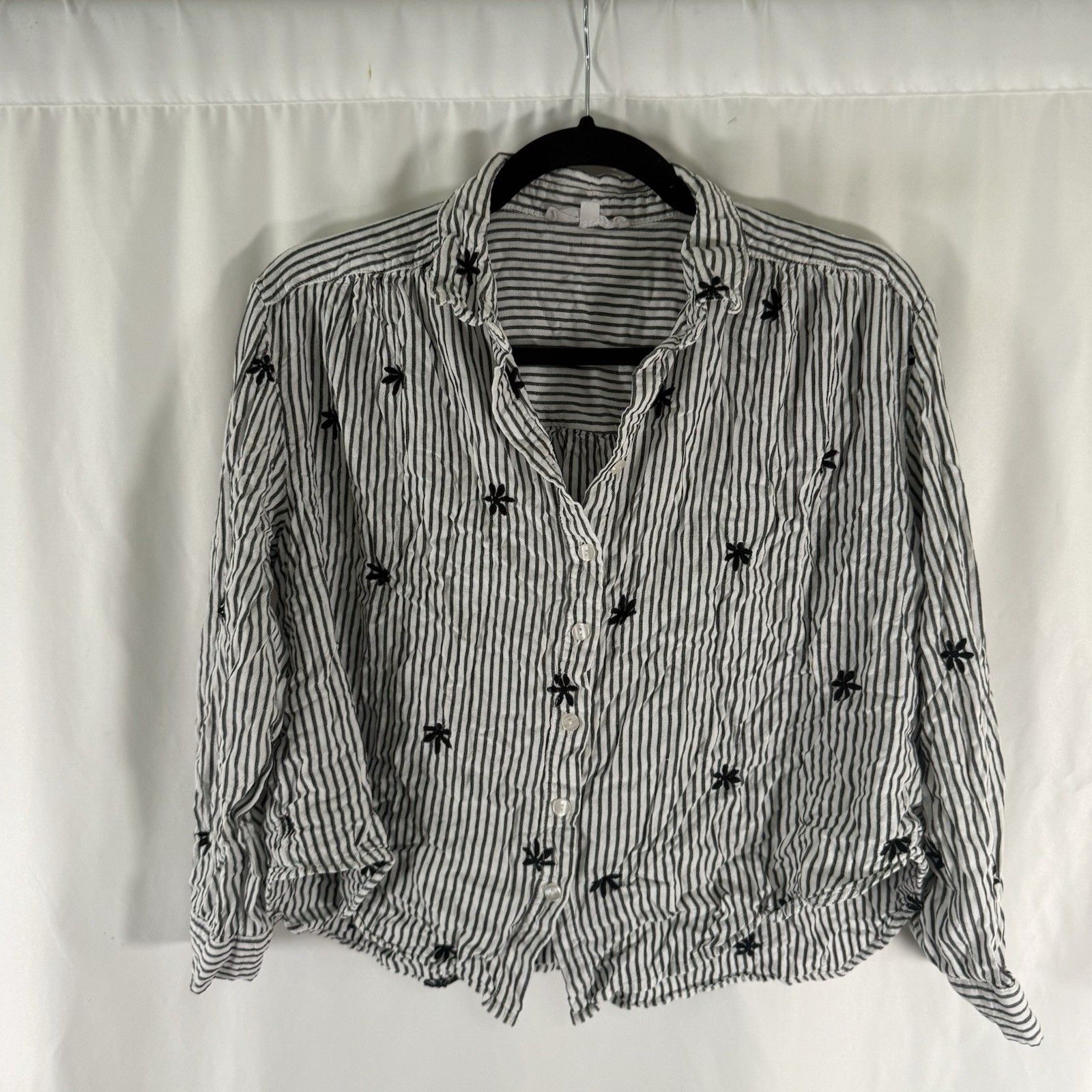 Jane Delancey Blouse Women's Xl Black White Striped Floral Button Up Cropped